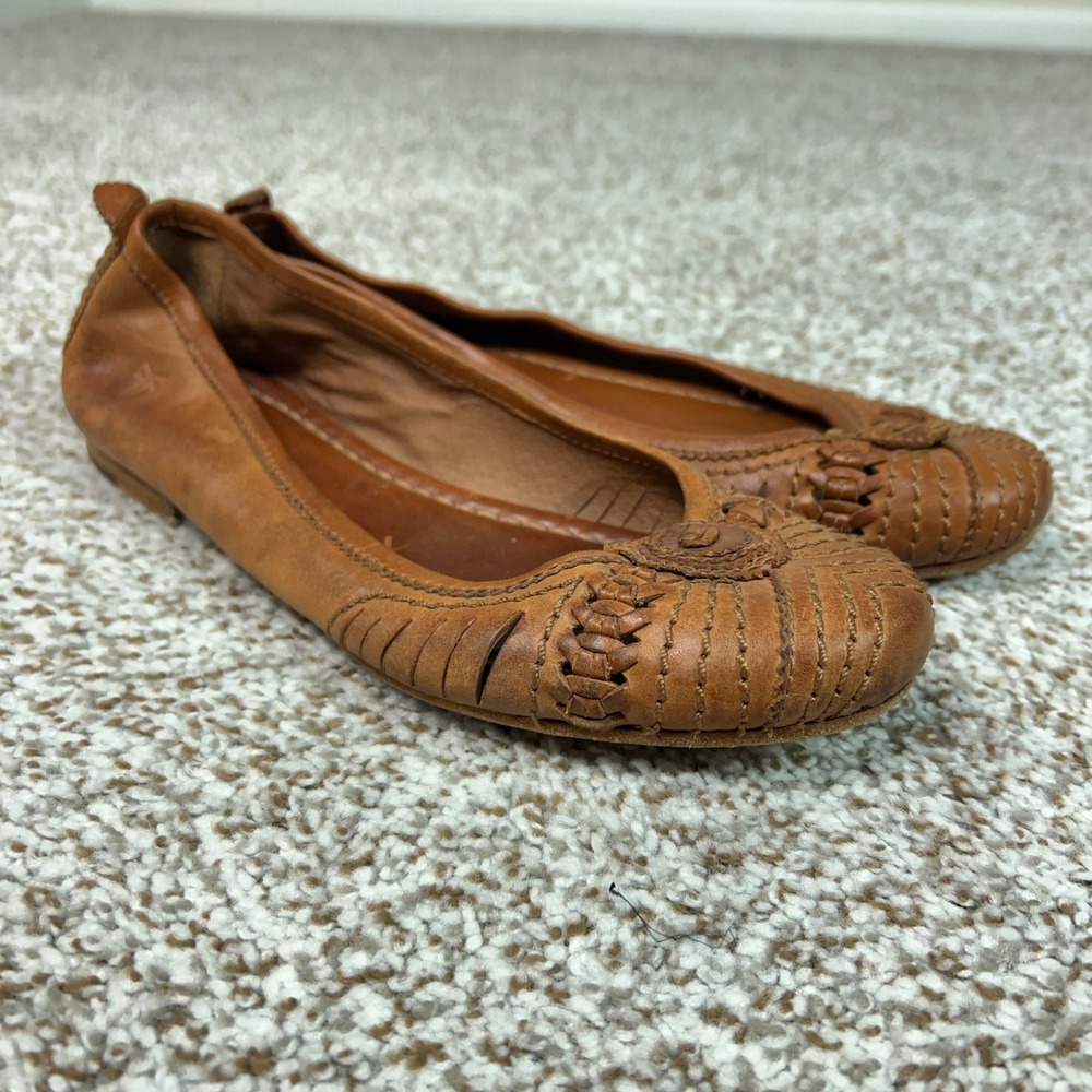 Frye Flats Womens 8.5 Brown Leather Reagan Woven Ballet Slip On Round Toe Shoes